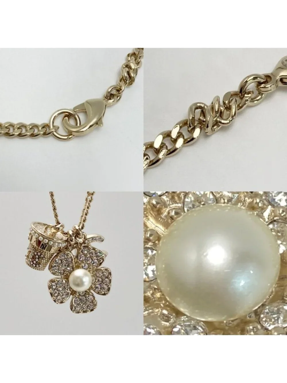 Chanel Coco Mark Flower Necklace B23 S Gold GP Rhinestone Faux Pearl